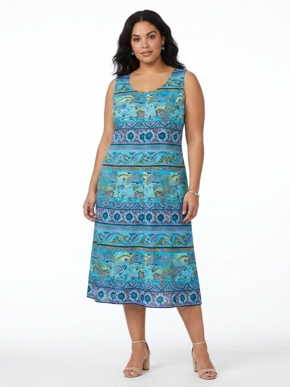 Sleeveless Blue Printed Midi Dress